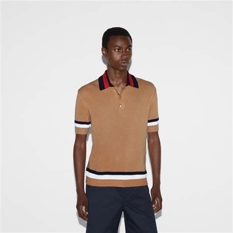 Piquet knit cotton polo shirt in camel 